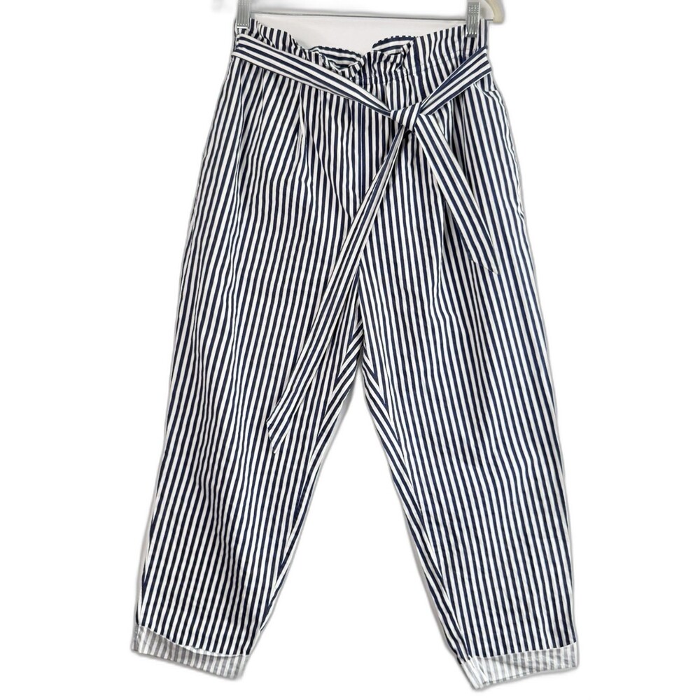 Zara Pants Womens Large Blue White Stripe Paperbag Waist Cotton Poplin